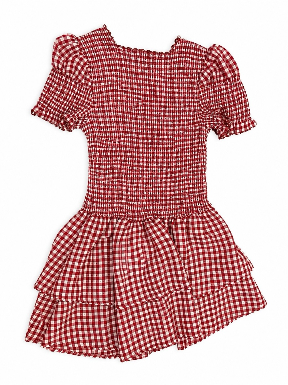 Red Gingham Smocked Puff Sleeve Mini Dress
